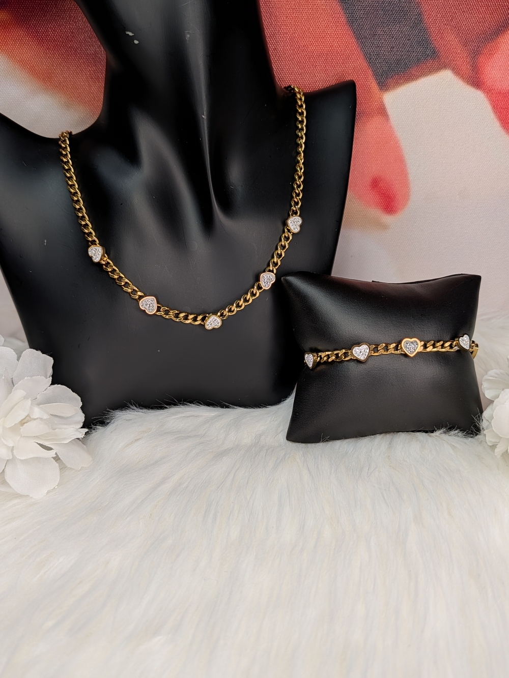 Gold Heart Link Stainless Steel Necklace and Bracelet Set